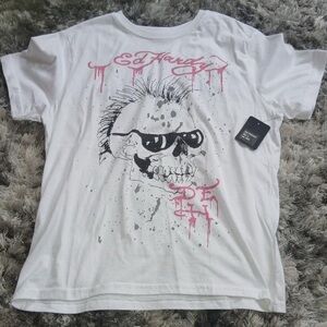 Ed Hardy Mohawk Skull Y2K Graphic T Shirt Large NWT 💀 🩷